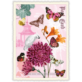 Glitterkaart - Roze bloem en vlinders