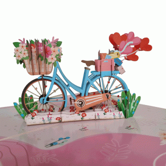 Pop-up kaart Fiets met bloemen en hartjes