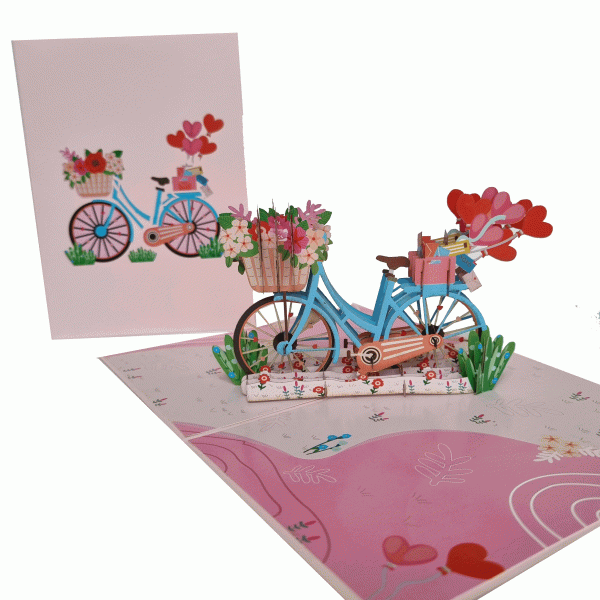 Pop-up kaart Fiets met bloemen en hartjes