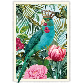 Blauwe papegaai met kroon glitterkaart