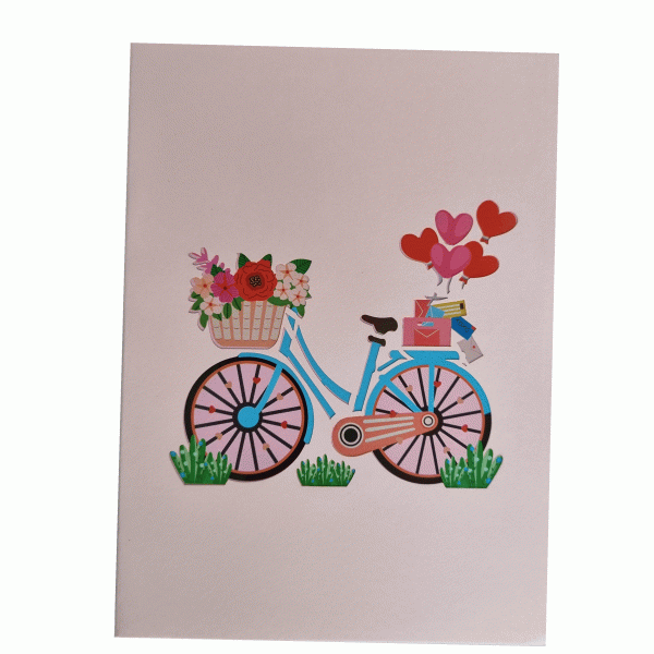 Pop-up kaart Fiets met bloemen en hartjes