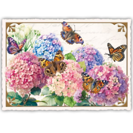 Hortensia's met vlinders glitterkaart