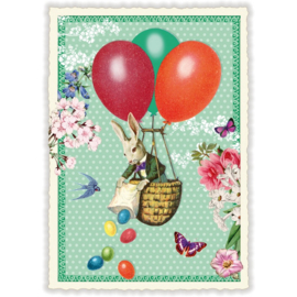 Paaskaart - konijn in een luchtballon met glitters