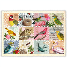 Postzegelkaart met vogels en glitters