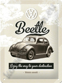 metalen ansichtkaart VW beetle think small 10-14 cm