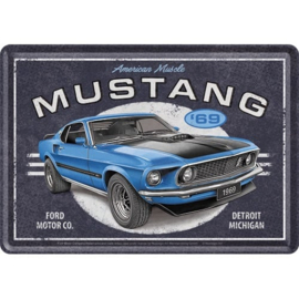 Metal Card Ford Mustang 1969 Mach 1 Blue 10x14 cm
