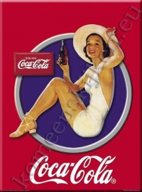 metalen ansichtkaart Coca Cola dame in cirkel 15-21 cm