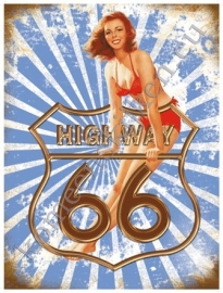 metalen wandplaat route 66 pin up blauw 30x40 cm