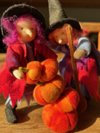 Twee heksen met pompoenen
