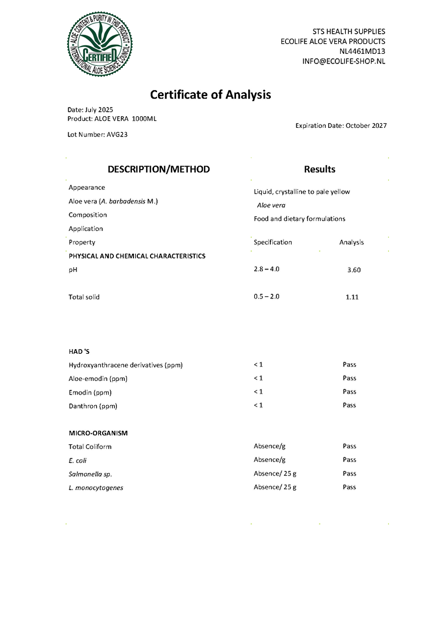 analyses ecolife aloe vera