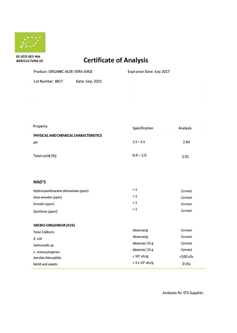 bio certificaat ecolife aloe vera
