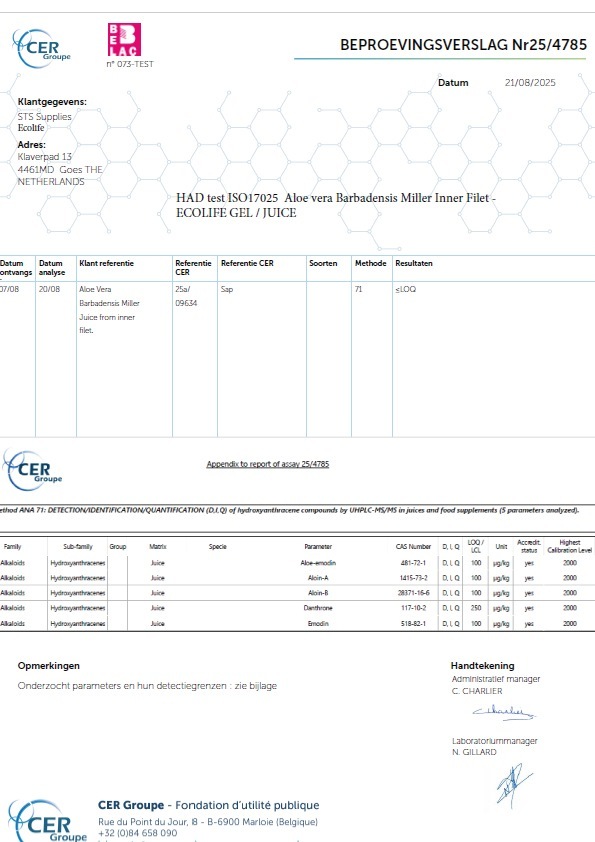 CER test ecolife high quality aloe vera