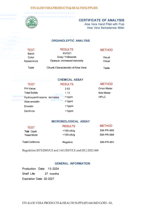 analyse rapport Ecolife Aloe Vera Gel. 1.13% Total Solids. 2,5 keer de IASC norm
