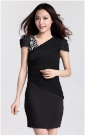 Zwarte chiffon korte avondjurk CWYS - 003