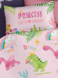 Princess Cutie Saurus - roze met regenbogen en dinosaurussen - eenpersoons met 1 kussensloop