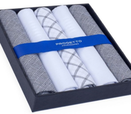Cadeau doosje heren zakdoeken - 5 x katoenen zakdoek - zwart/Wit