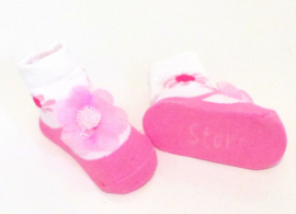 Baby sokje in ballet schoentjes model  roze/wit/bloem in cadeau zakje