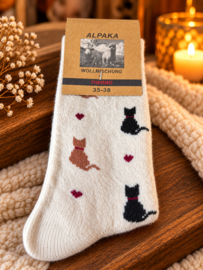 Alpaca thermosokken dames crème met katten – maat 35-38 en 39-42