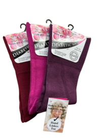 Diabetes sokken 3 paar wijnrood, fuchsia, paars, non elastic boorden en handgenaaide teennaad , mt 37 - 42