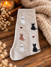 Alpaca thermosokken dames beige met katten – maat 35-38 en 39-42