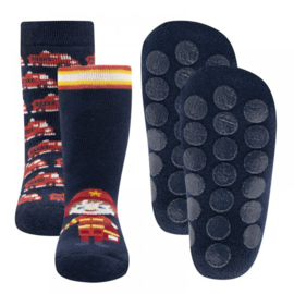 Anti slip sokken set van 2 paar blauw/rood brandweer - maat 23-26