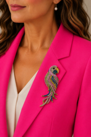 Kleurrijke papegaaienbroche met steentjes