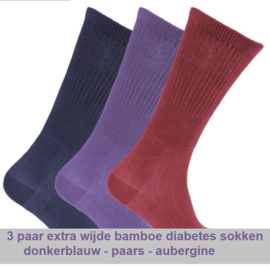 Diabetes sokken bamboe EXTRA WIJD, 3 paar paars, donkerblauw en bordeaux, non elastic boorden en handgenaaide teennaad, mt 37 - 42