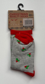 Kerst sokken grijs / rood met hulst en popje afbeelding in maat 37 - 39