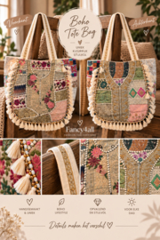 Bohemian Ibiza tas beige roze met borduurwerk en franjes
