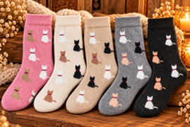 Alpaca thermosokken dames zwart met katten – maat 35-38 en 39-42
