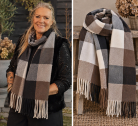 Warme dames sjaal met grote ruit Zwart/bruin/beige