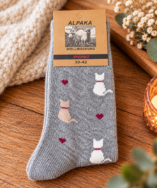 Alpaca thermosokken dames grijs met katten – maat 35-38 en 39-42