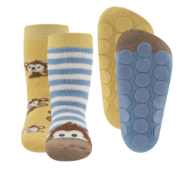Anti slip sokken set van 2 paar aapjes blauw/geel maat 23-26