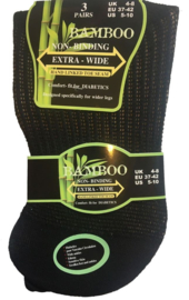 Diabetes sokken bamboe EXTRA WIJD, 3 paar effen zwart, non elastic boorden en handgenaaide teennaad, mt 37 - 42