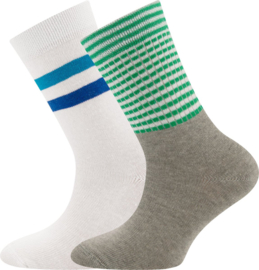 Set van 2 paar sokken - Wit met Blauw en Grijs met groene strepen - maat 35/38