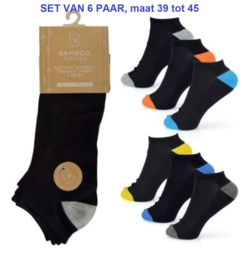 Bamboe Sneaker sokken - set van 6 paar - zwart met kleuren - maat 39 / 45