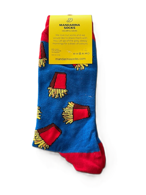 Blauw / rood / gele sokken met patat frites afbeelding maat 39 - 45