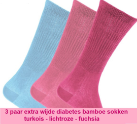 Diabetes sokken bamboe EXTRA WIJD, 3 paar turkois, lichtroze en fuchsia, non elastic boorden en handgenaaide teennaad, mt 37 - 42