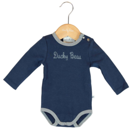 Ducky Beau romper - Blauw met grijs lange mouw  - maat 80