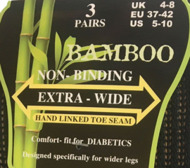 Diabetes sokken bamboe EXTRA WIJD, 3 paar effen zwart, non elastic boorden en handgenaaide teennaad, mt 37 - 42