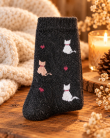 Alpaca thermosokken dames zwart met katten – maat 35-38 en 39-42
