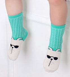 4831 antislip sokken groen met offwhite en dierengezicht
