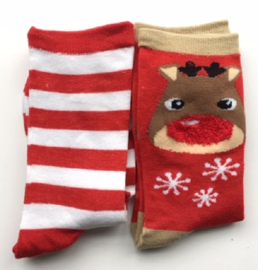 Kerst  fun sokken set van 2 paar rendier en strepen maat 35 - 38