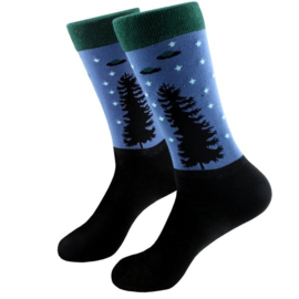 Blauw / zwarte sokken met UFO en buitenaards wezen afbeelding maat 39 - 45