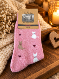 Alpaca thermosokken dames roze met katten – maat 35-38 en 39-42