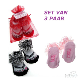 3 paar baby sokjes in teenslipper model met ruches