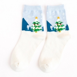 Kerst sokken roomwit met blauw met een kerstafbeelding in maat 34 - 38