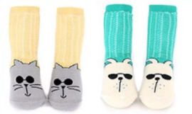 4665 Antislip sokken set van 2 paar grijs/okergeel  en groen/offwhite