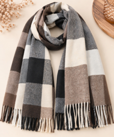 Warme dames sjaal met grote ruit Zwart/bruin/beige