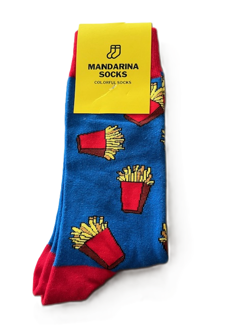 Blauw / rood / gele sokken met patat frites afbeelding maat 39 - 45